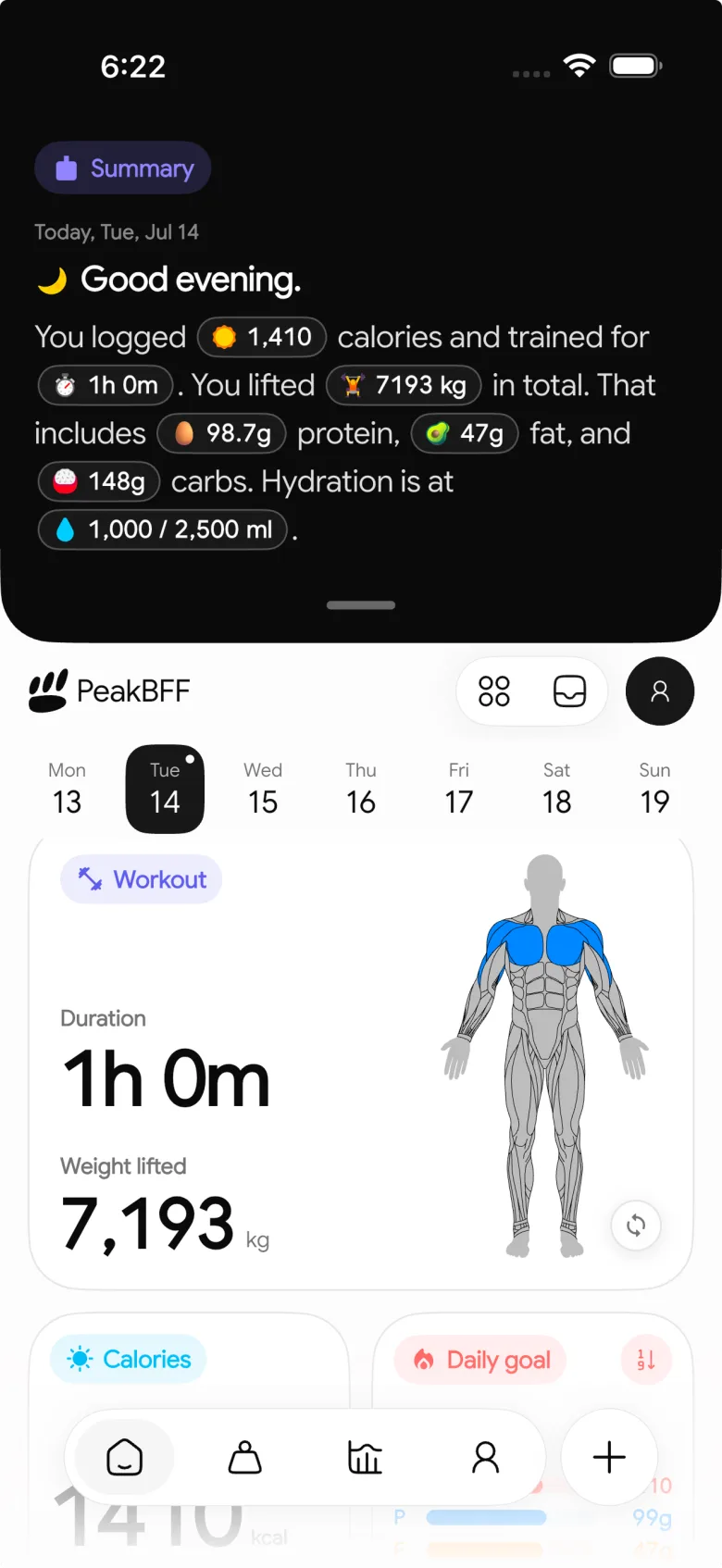 tauler d'inici de PeakBFF amb context diari d'entrenament i nutrició
